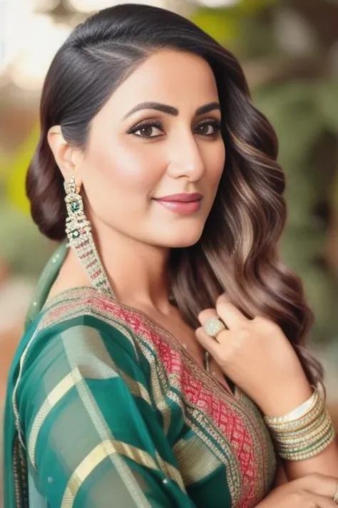 a photo of a woman, stylish, outdoor professional portrait, wearing indian saree, head-shot, slight smile, cute, snovy winter wether, hinak  <lora:hinakhan:1>