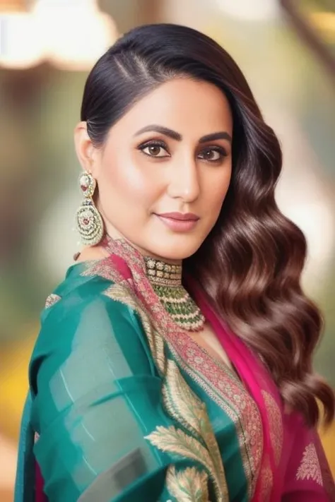 a photo of a 30-year-old woman, stylish, outdoor professional portrait, wearing indian saree, head-shot, slight smile, cute, snovy winter wether, hinak <lora:hinakhan:1>