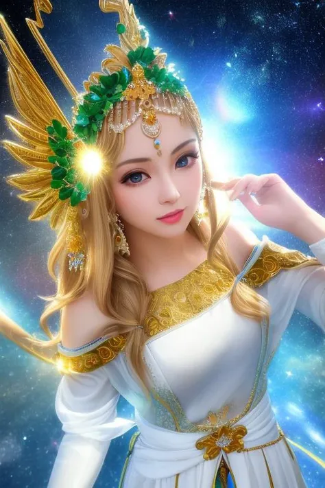 reflections,ray tracing,lens flare,masterpiece,8k,dslr,ultra-high quality,perfect face,clean,flawless,best illumination,((a goddess of creation, creating a universe, majestic white outfit, godly, in front)),very long golden brown hair,jewelery,hair ornament,cinematic lighting,glowing green eyes,beautiful and detailed eyes,beautiful skin,attractive,ultra-high resolution,high-definition,detailed background