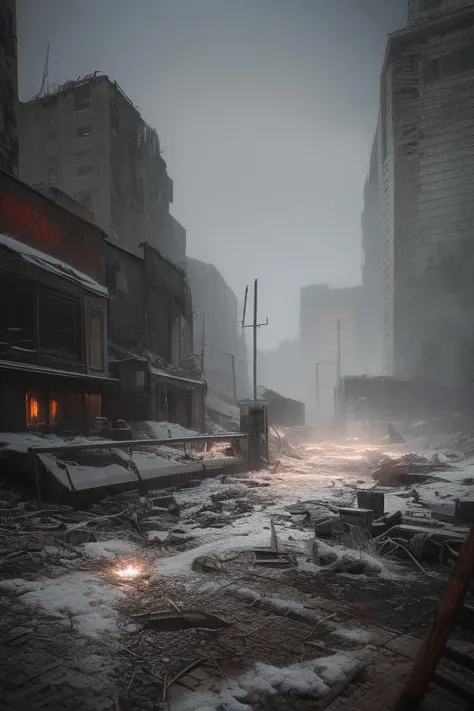 end of the world, epic realistic, (hdr:1.4), (muted colors:1.4), apocalypse, freezing, abandoned, neutral colors, night, screen space refractions, (intricate details), (intricate details, hyperdetailed:1.2), artstation, cinematic shot, vignette, complex background, buildings, snowy