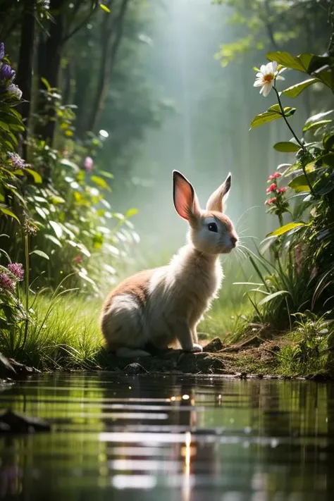 close up photo of a rabbit, forest, haze, halation, bloom, dramatic atmosphere, centered, rule of thirds, 200mm 1.4f macro shot,  (masterpiece, original, best quality, high quality, hdr:1), best artists, detailed, ray tracing, reflections, vivid colors, high contrast, rim lights, back lights, photorealism, hyperrealism, realistic, cinematography, cinematic lighting, cinematic bloom, sfw, <lora:sxz-wowart-v2:0.4>, <lora:fix_add_detail:0.6>