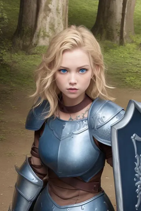 girl, beautiful, slender, (short wavy blonde hair, blue eyes, round chin, round face, tattoos:1.5), (warrior, leather armor, flail, shield:1.4), (battle, destruction, ancient ruins, dark forest:1.3), (solo, portrait:1.2), (magical, dreamy, fantasy, surreal, ethereal, folklore, mythical, legendary :1.1), (best quality, high quality:1), hires, realistic, 8k, cinematic