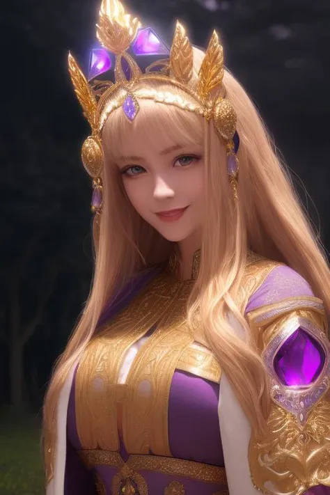 girl, beautiful, slender, (long golden hair, smiling:1.6), (jeweled headdress, large purple gem, iridescent, glimmering, shining, intricate:1.5), (priestess, intricate ancient purple robe:1.4), (dark forest, night, foggy, dreamy:1.3), (magical, ethereal, surreal, fantasy, folklore:1.2), (solo, portrait:1.1), (best quality, high quality:1), realistic, ultra detailed 8k cg, cinematic lighting, cinematic bloom, sfw