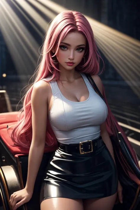 (ultra realistic,32k, masterpiece:1.2),(high detailed skin:1.1), 8k uhd, dslr, high quality, (thick\lips\),
1girl,pink hair, long hair,(aqua eyes:0.9), <lora:Nightgown By Stable Yogi:0.8>Mahogany nightgown, miniskirt, thighhighs,, , <lora:add_detail:0.88>, huge breast,
(looking at viewer, sitting, from below:1.1),,
,(backlight:1.1), blank background