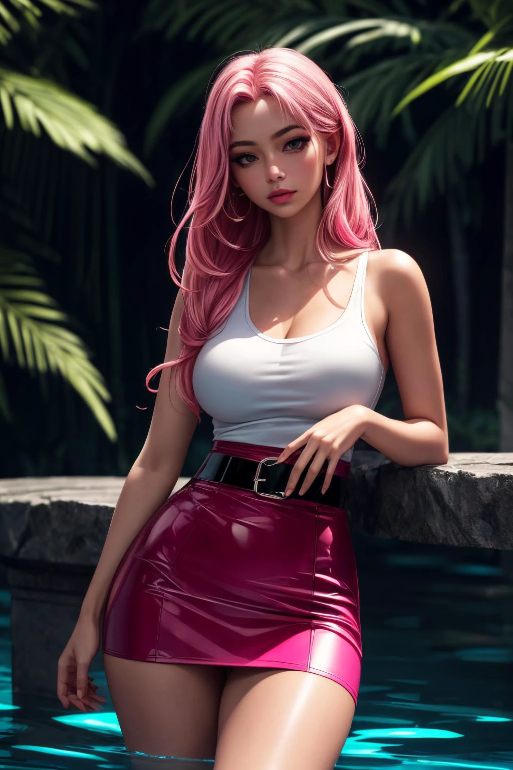(ultra realistic,32k,RAW photo:1.1),(high detailed skin:1.1), 8k uhd, dslr, high quality, film grain, (makeup, mascara:1.1), lips,(thick\lips\),
(shiny glossy translucent clothing:1.1), 1girl, long hair, pink hair, <lora:BeltedSkirt:0.7>black Belted Skirt, white tank top , (aqua eyes:0.5), <lora:add_detail:0.84>, (huge breast:0.7), leg focus,
Standing, arm extended in a stop gesture,
(busty:1.1) , (chubby:0.1),(bioluminiscent:1.2), <lora:LowRA:0.4>, dark theme serenity springs, tranquil waters, healing energies, sanctuary of serenity
