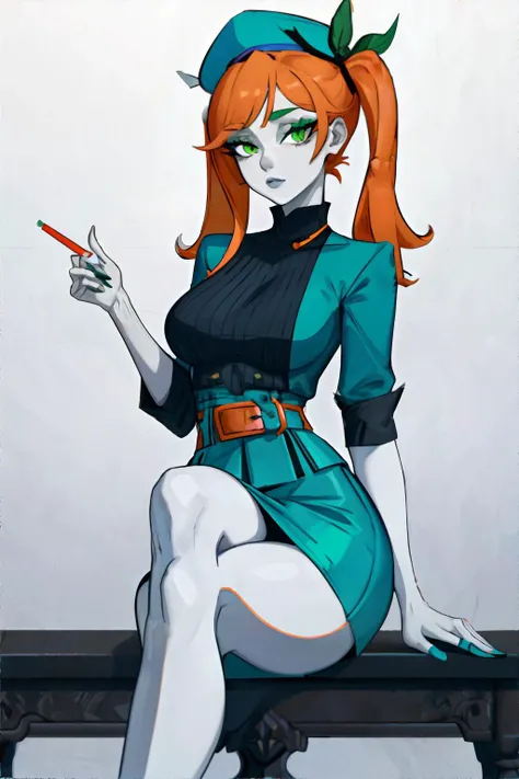 <lora:tightbeltedskirt:1.0>, beautiful woman, wearing Tied cap-sleeve top and belted skirt, miniskirt, sitting pose, crossed legs, ((solo)), (Balayage (any color combination), Pale orange, Minty Blue-Green palette), masterpiece, 8k, high resolution, shallow depth of field, sharp focus