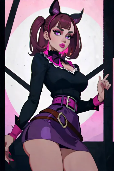 <lora:tightbeltedskirt:1.0>, beautiful woman, wearing Peter Pan collar top and belted skirt, miniskirt, ((solo)), (Pink, Cinnamon, Dark Violet palette), masterpiece, 8k, high resolution, shallow depth of field, sharp focus