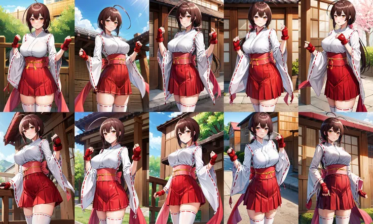masterpiece, best quality, highres, aamusubi, long hair, brown hair, low ponytail, ahoge, japanese clothes, wide sleeves, fingerless gloves, ribbon trim, sash, pleated skirt, red skirt, white thighhighs, <lora:musubi_v1:0.7>, standing, cowboy shot, outdoors,