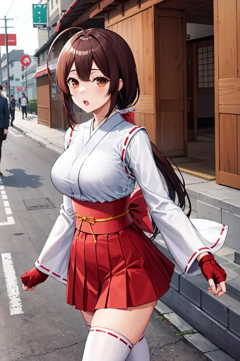 masterpiece, best quality, highres, aamusubi, long hair, brown hair, low ponytail, ahoge, japanese clothes, wide sleeves, fingerless gloves, ribbon trim, sash, pleated skirt, red skirt, white thighhighs, <lora:musubi_v1:0.7>, walking, :o, street, cowboy shot