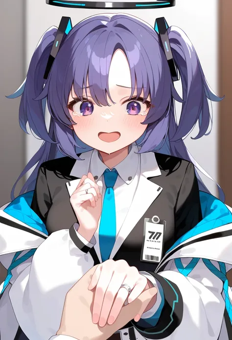 [masterpiece, best quality, very aesthetic, absurdres:score_9, score_8_up, score_7_up, score_6_up, score_5_up, score_4_up, source_anime,:0.4] <lora:proposal_XL_v1:0.7> proposal, jewelry, ring, pov, solo focus, BREAK
 <lora:yuuka_blue archive_PONY_last:1> solo, 1girl, yuuka-default, yuuka \(blue archive\),purple eyes,purple hair,long hair,two side up,halo,necktie, shirt,half gloves, pleated skirt,belt, surprise, tears, smile,