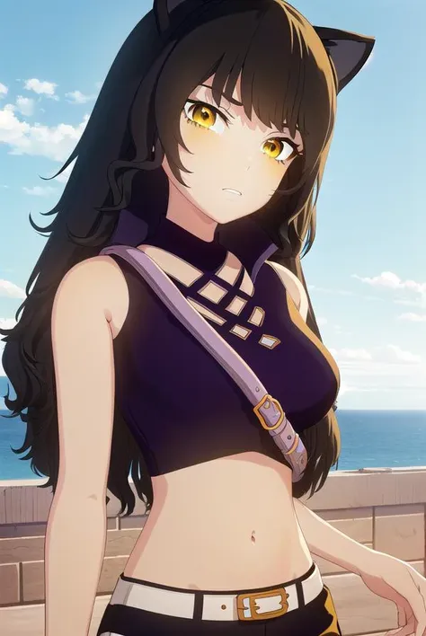 blake, <lora:blake-lora-nochekaiser:1>,
blake, blake belladonna, long hair, black hair, (yellow eyes:1.5), long hair, bangs, animal ears, cat ears,
BREAK navel, midriff, belt, halterneck, criss-cross halter, bare shoulders, bare arms, pants, black pants,
BREAK looking at viewer, full body, (cowboy shot:1.5),
BREAK outdoors, sky,
BREAK <lyco:GoodHands-beta2:1>, (masterpiece:1.2), best quality, high resolution, unity 8k wallpaper, (illustration:0.8), (beautiful detailed eyes:1.6), extremely detailed face, perfect lighting, extremely detailed CG, (perfect hands, perfect anatomy),