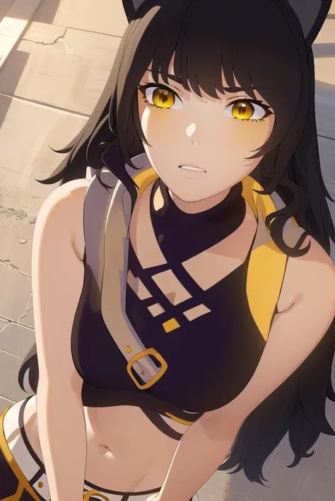 blake, <lora:blake-lora-nochekaiser:1>,
blake, blake belladonna, long hair, black hair, (yellow eyes:1.5), long hair, bangs, animal ears, cat ears,
BREAK navel, midriff, belt, halterneck, criss-cross halter, bare shoulders, bare arms, pants, black pants,
BREAK looking at viewer, full body, (cowboy shot:1.5),
BREAK outdoors, sky,
BREAK <lyco:GoodHands-beta2:1>, (masterpiece:1.2), best quality, high resolution, unity 8k wallpaper, (illustration:0.8), (beautiful detailed eyes:1.6), extremely detailed face, perfect lighting, extremely detailed CG, (perfect hands, perfect anatomy),