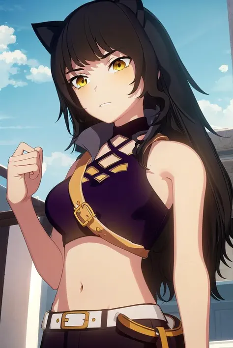 blake, <lora:blake-lora-nochekaiser:1>,
blake, blake belladonna, long hair, black hair, (yellow eyes:1.5), long hair, bangs, animal ears, cat ears,
BREAK navel, midriff, belt, halterneck, criss-cross halter, bare shoulders, bare arms, pants, black pants,
BREAK looking at viewer, full body, (cowboy shot:1.5),
BREAK outdoors, sky,
BREAK <lyco:GoodHands-beta2:1>, (masterpiece:1.2), best quality, high resolution, unity 8k wallpaper, (illustration:0.8), (beautiful detailed eyes:1.6), extremely detailed face, perfect lighting, extremely detailed CG, (perfect hands, perfect anatomy),