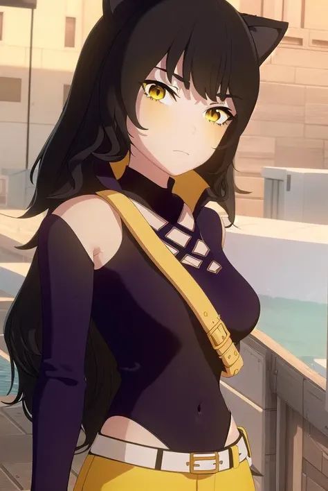 blake, <lora:blake-lora-nochekaiser:1>,
blake, blake belladonna, long hair, black hair, (yellow eyes:1.5), long hair, bangs, animal ears, cat ears,
BREAK navel, midriff, belt, halterneck, criss-cross halter, bare shoulders, bare arms, pants, black pants,
BREAK looking at viewer, full body, (cowboy shot:1.5),
BREAK outdoors, sky,
BREAK <lyco:GoodHands-beta2:1>, (masterpiece:1.2), best quality, high resolution, unity 8k wallpaper, (illustration:0.8), (beautiful detailed eyes:1.6), extremely detailed face, perfect lighting, extremely detailed CG, (perfect hands, perfect anatomy),