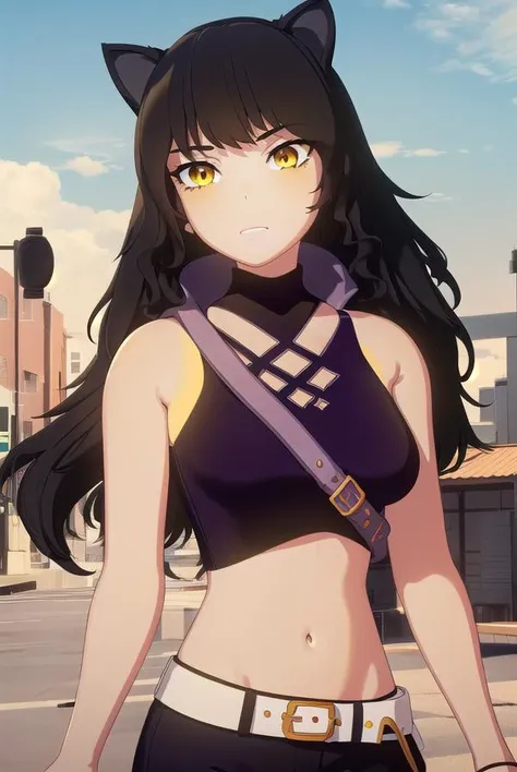 blake, <lora:blake-lora-nochekaiser:1>,
blake, blake belladonna, long hair, black hair, (yellow eyes:1.5), long hair, bangs, animal ears, cat ears,
BREAK navel, midriff, belt, halterneck, criss-cross halter, bare shoulders, bare arms, pants, black pants,
BREAK looking at viewer, full body, (cowboy shot:1.5),
BREAK outdoors, sky,
BREAK <lyco:GoodHands-beta2:1>, (masterpiece:1.2), best quality, high resolution, unity 8k wallpaper, (illustration:0.8), (beautiful detailed eyes:1.6), extremely detailed face, perfect lighting, extremely detailed CG, (perfect hands, perfect anatomy),