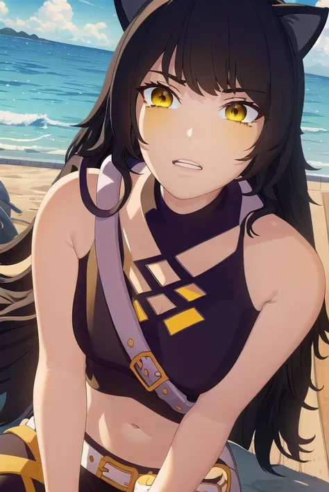 blake, <lora:blake-lora-nochekaiser:1>,
blake, blake belladonna, long hair, black hair, (yellow eyes:1.5), long hair, bangs, animal ears, cat ears,
BREAK navel, midriff, belt, halterneck, criss-cross halter, bare shoulders, bare arms, pants, black pants,
BREAK looking at viewer, full body, (cowboy shot:1.5),
BREAK outdoors, sky,
BREAK <lyco:GoodHands-beta2:1>, (masterpiece:1.2), best quality, high resolution, unity 8k wallpaper, (illustration:0.8), (beautiful detailed eyes:1.6), extremely detailed face, perfect lighting, extremely detailed CG, (perfect hands, perfect anatomy),