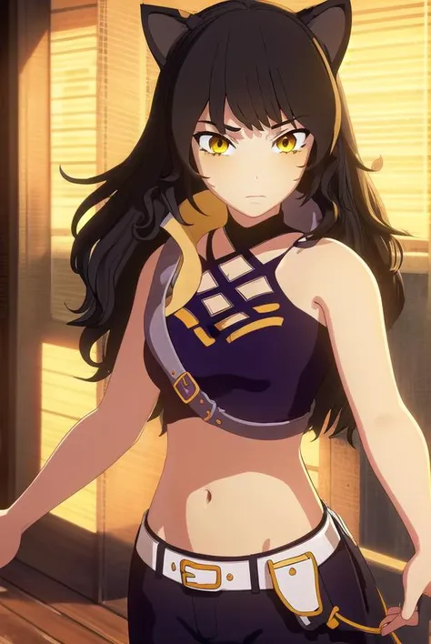 blake, <lora:blake-lora-nochekaiser:1>,
blake, blake belladonna, long hair, black hair, (yellow eyes:1.5), long hair, bangs, animal ears, cat ears,
BREAK navel, midriff, belt, halterneck, criss-cross halter, bare shoulders, bare arms, pants, black pants,
BREAK looking at viewer, full body, (cowboy shot:1.5),
BREAK outdoors, sky,
BREAK <lyco:GoodHands-beta2:1>, (masterpiece:1.2), best quality, high resolution, unity 8k wallpaper, (illustration:0.8), (beautiful detailed eyes:1.6), extremely detailed face, perfect lighting, extremely detailed CG, (perfect hands, perfect anatomy),