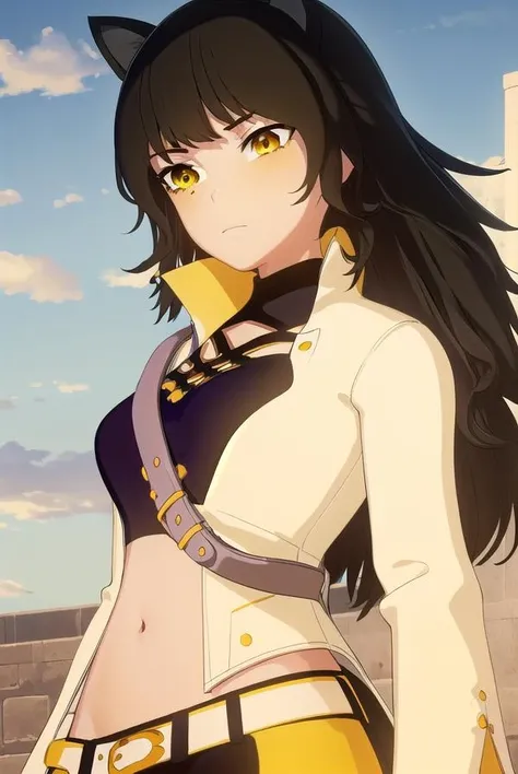 blake, <lora:blake-lora-nochekaiser:1>,
blake, blake belladonna, long hair, black hair, (yellow eyes:1.5), bow, hair bow, black bow, long hair, bangs,
BREAK navel, midriff, belt, jacket, white jacket, long sleeves, open clothes, halterneck, criss-cross halter, pants, black pants,
BREAK looking at viewer, full body, (cowboy shot:1.5),
BREAK outdoors, sky,
BREAK <lyco:GoodHands-beta2:1>, (masterpiece:1.2), best quality, high resolution, unity 8k wallpaper, (illustration:0.8), (beautiful detailed eyes:1.6), extremely detailed face, perfect lighting, extremely detailed CG, (perfect hands, perfect anatomy),