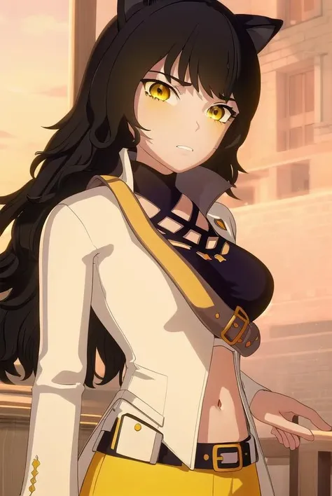 blake, <lora:blake-lora-nochekaiser:1>,
blake, blake belladonna, long hair, black hair, (yellow eyes:1.5), bow, hair bow, black bow, long hair, bangs,
BREAK navel, midriff, belt, jacket, white jacket, long sleeves, open clothes, halterneck, criss-cross halter, pants, black pants,
BREAK looking at viewer, full body, (cowboy shot:1.5),
BREAK outdoors, sky,
BREAK <lyco:GoodHands-beta2:1>, (masterpiece:1.2), best quality, high resolution, unity 8k wallpaper, (illustration:0.8), (beautiful detailed eyes:1.6), extremely detailed face, perfect lighting, extremely detailed CG, (perfect hands, perfect anatomy),