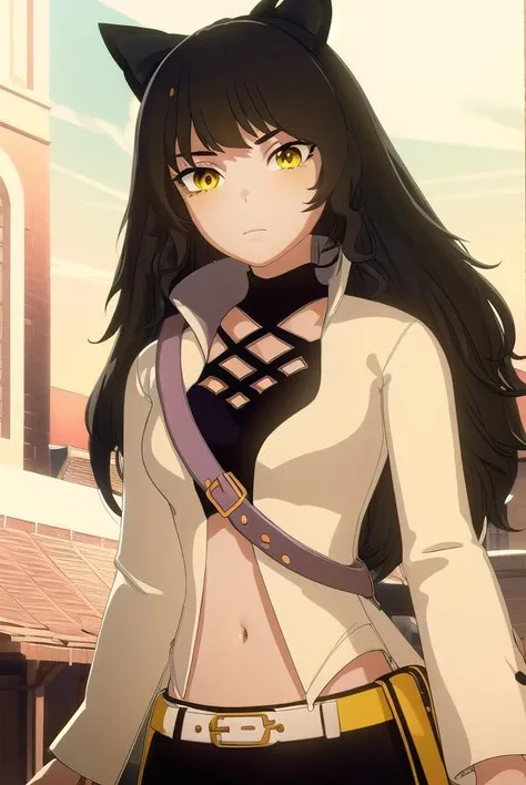 blake, <lora:blake-lora-nochekaiser:1>,
blake, blake belladonna, long hair, black hair, (yellow eyes:1.5), bow, hair bow, black bow, long hair, bangs,
BREAK navel, midriff, belt, jacket, white jacket, long sleeves, open clothes, halterneck, criss-cross halter, pants, black pants,
BREAK looking at viewer, full body, (cowboy shot:1.5),
BREAK outdoors, sky,
BREAK <lyco:GoodHands-beta2:1>, (masterpiece:1.2), best quality, high resolution, unity 8k wallpaper, (illustration:0.8), (beautiful detailed eyes:1.6), extremely detailed face, perfect lighting, extremely detailed CG, (perfect hands, perfect anatomy),