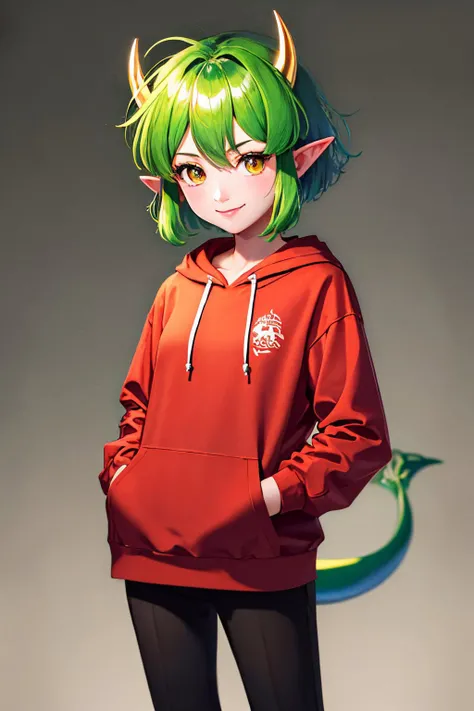 (masterpiece, best quality:1.2), <lyco:puyopuyo_dracocentauros-10:1.0>, cowboy shot, solo, 1girl, puyodraco, dragon girl, smile, looking at viewer, hand in pocket, red hoodie, black pants, dragon tail