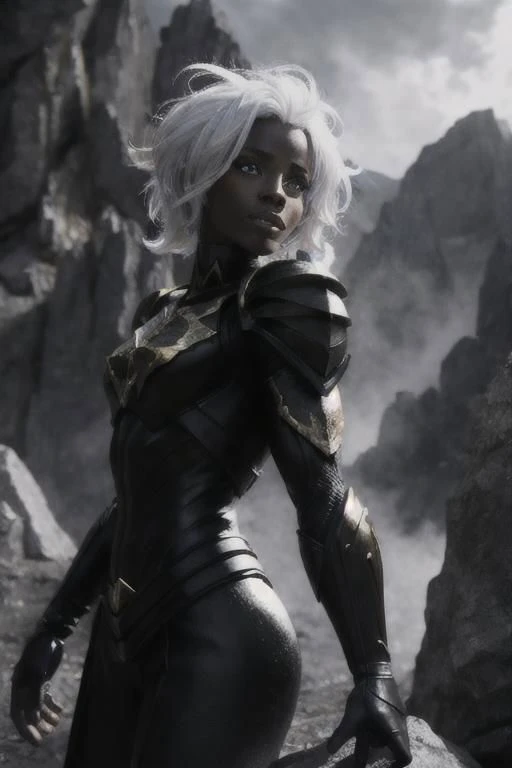 black humanoid made of rock, upper body, barechested, female, ((masterpiece, best quality)), cracked skin, white electricity coming through cracks, muscular female, (dragonborn:0.6), white hair outdoors, detailed background ,dragonborn, AnimeRage, Cracked Skin , depth of field