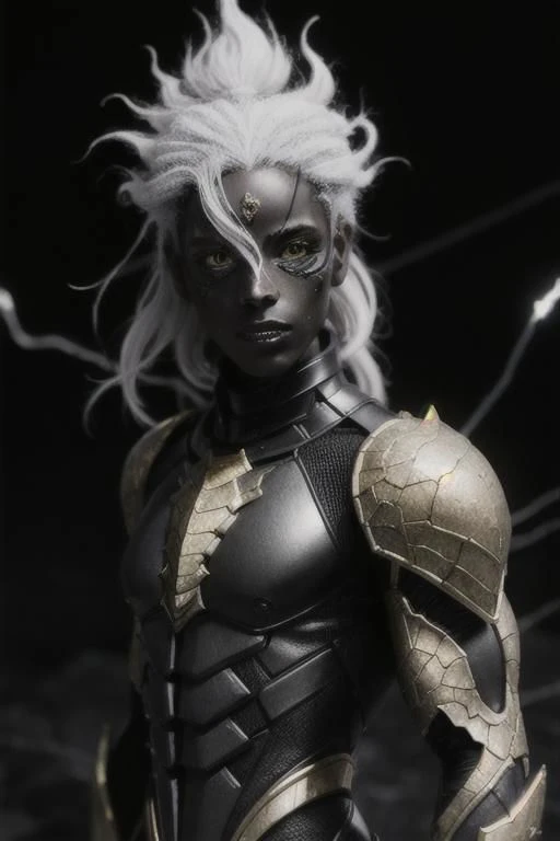 black humanoid made of rock, upper body, barechested, female, ((masterpiece, best quality)), <lora:more_details:0.3>, cracked skin, white electricity coming through cracks, muscular female, (dragonborn:0.6), white hair outdoors, detailed background <lora:dragonborn_offset:0.6> <lora:r1ge - AnimeRage:1> <lora:Cracked Skin:1.2> , depth of field