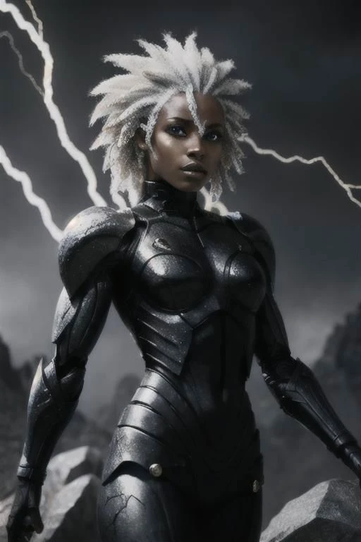 black humanoid made of rock, upper body, barechested, female, ((masterpiece, best quality)), cracked skin, white electricity coming through cracks, muscular female, (dragonborn:0.6), white hair outdoors, detailed background ,dragonborn, AnimeRage, Cracked Skin , depth of field