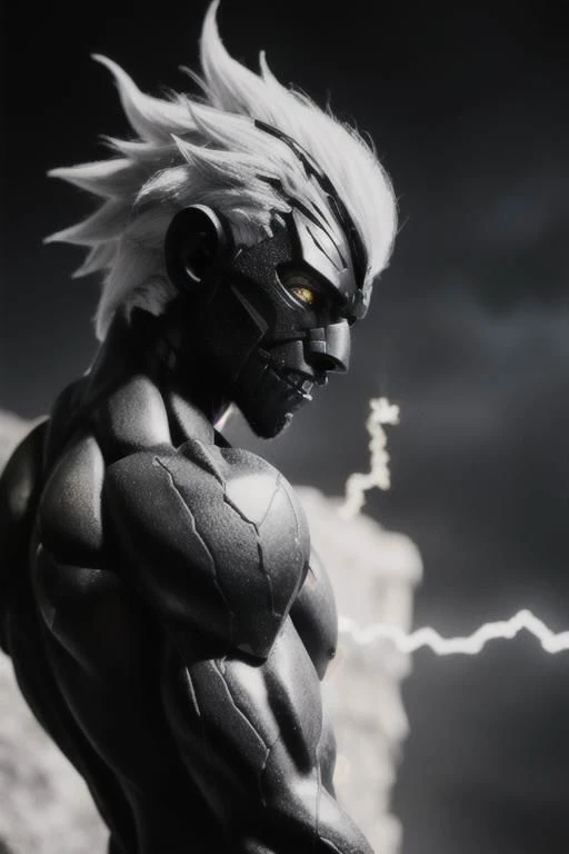 black humanoid made of rock, upper body, barechested, male, ((masterpiece, best quality)), <lora:more_details:0.3>, cracked skin, white electricity coming through cracks, muscular male, (dragonborn:0.6), white hair outdoors, detailed background <lora:dragonborn_offset:0.6> <lora:r1ge - AnimeRage:1> <lora:Cracked Skin:1.2> , depth of field