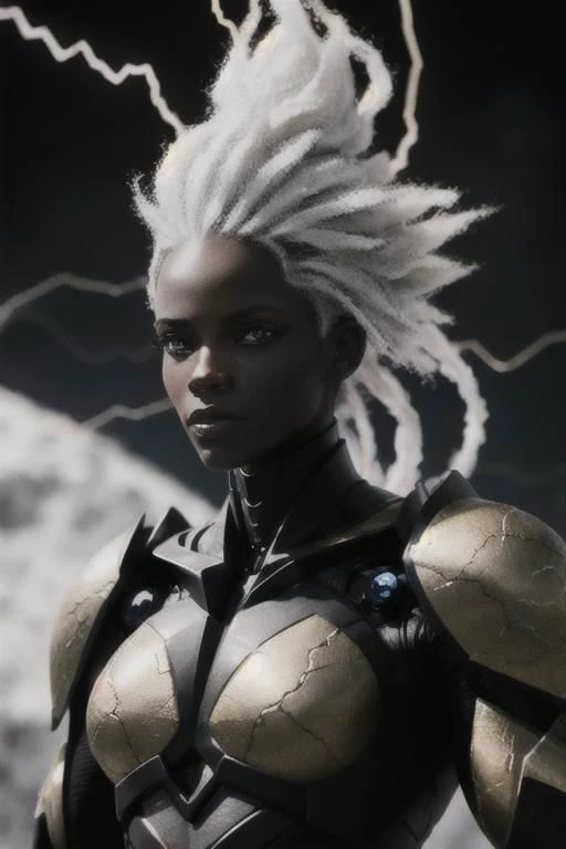 black humanoid femade of rock, upper body, barechested, male, ((masterpiece, best quality)), cracked skin, white electricity coming through cracks, muscular female, (dragonborn:0.6), white hair outdoors, detailed background, depth of field