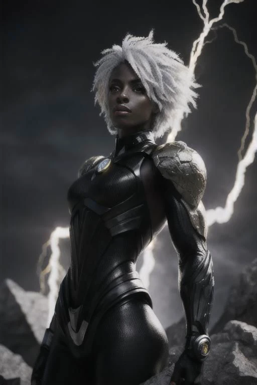 black humanoid femade of rock, upper body, barechested, male, ((masterpiece, best quality)), cracked skin, white electricity coming through cracks, muscular female, (dragonborn:0.6), white hair outdoors, detailed background, depth of field