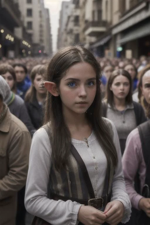 1girl, street, looking at viewer, (crowd:1.5), elf