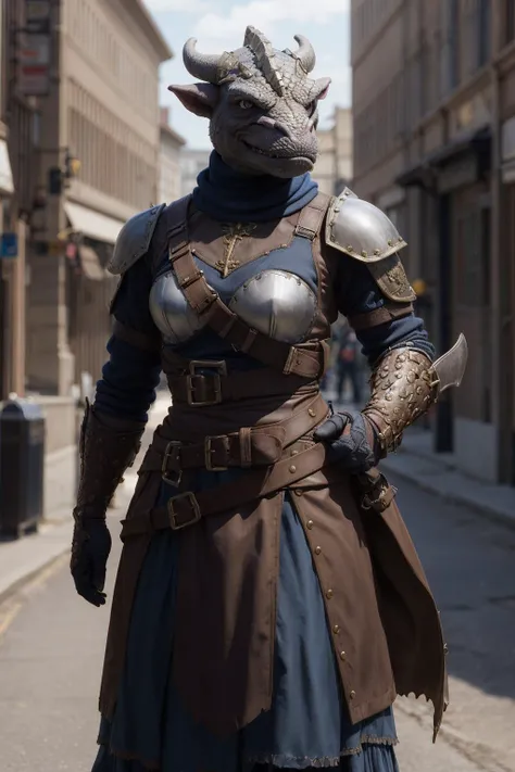fantasy, dragonborn girl, in town, waist up