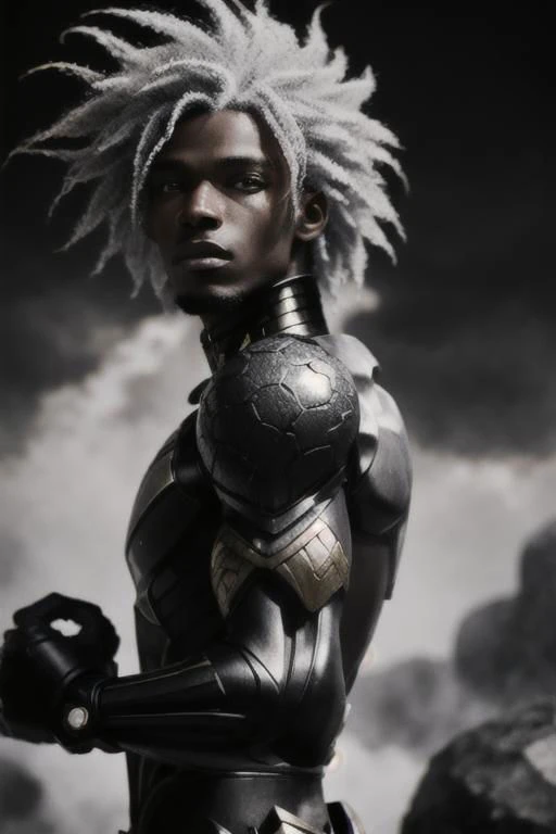 black humanoid made of rock, upper body, barechested, male, ((masterpiece, best quality)), <lora:more_details:0.3>, cracked skin, white electricity coming through cracks, muscular male, (dragonborn:0.6), white hair outdoors, detailed background <lora:dragonborn_offset:0.6> <lora:r1ge - AnimeRage:1> <lora:Cracked Skin:1.2> , depth of field