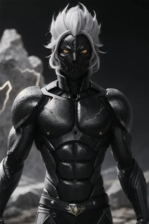 black humanoid made of rock, upper body, barechested, male, ((masterpiece, best quality)), <lora:more_details:0.3>, cracked skin, white electricity coming through cracks, muscular male, (dragonborn:0.6), white hair outdoors, detailed background <lora:dragonborn_offset:0.6> <lora:r1ge - AnimeRage:1> <lora:Cracked Skin:1.2> , depth of field