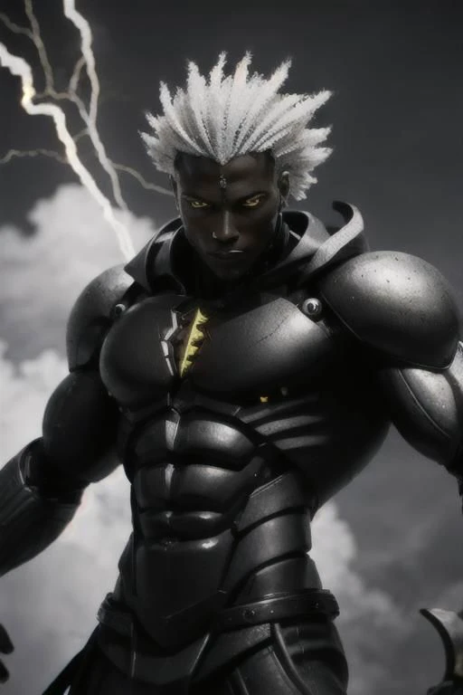 black humanoid made of rock, upper body, barechested, male, ((masterpiece, best quality)), cracked skin, white electricity coming through cracks, muscular male, (dragonborn:0.6), white hair outdoors, detailed background, depth of field