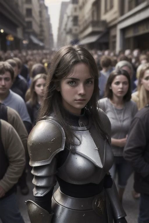 1girl, street, looking at viewer, (crowd:1.5), paladin