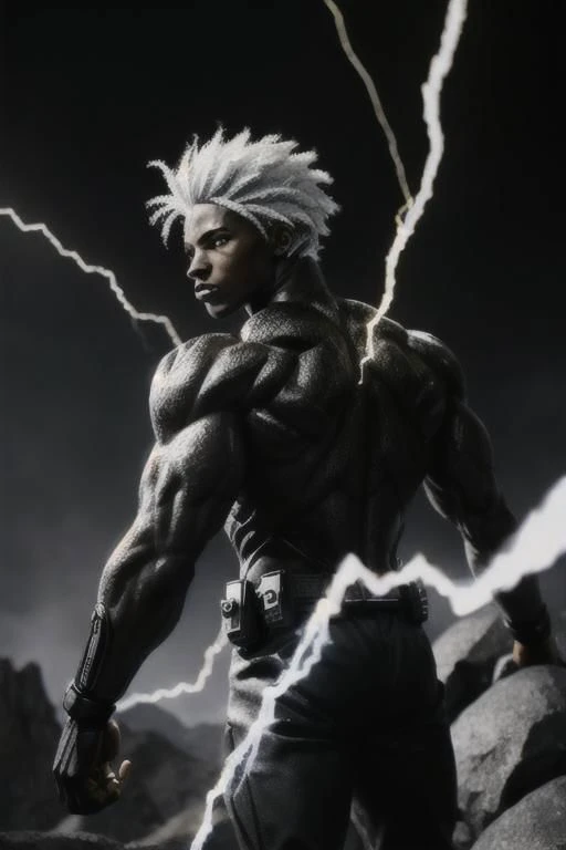 black humanoid made of rock, upper body, barechested, male, ((masterpiece, best quality)), cracked skin, white electricity coming through cracks, muscular male, (dragonborn:0.6), white hair outdoors, detailed background, depth of field