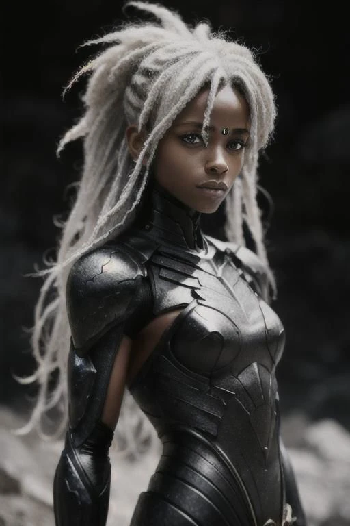 black humanoid made of rock, upper body, barechested, female, ((masterpiece, best quality)), <lora:more_details:0.3>, cracked skin, white electricity coming through cracks, muscular female, (dragonborn:0.6), white hair outdoors, detailed background <lora:dragonborn_offset:0.6> <lora:r1ge - AnimeRage:1> <lora:Cracked Skin:1.2> , depth of field