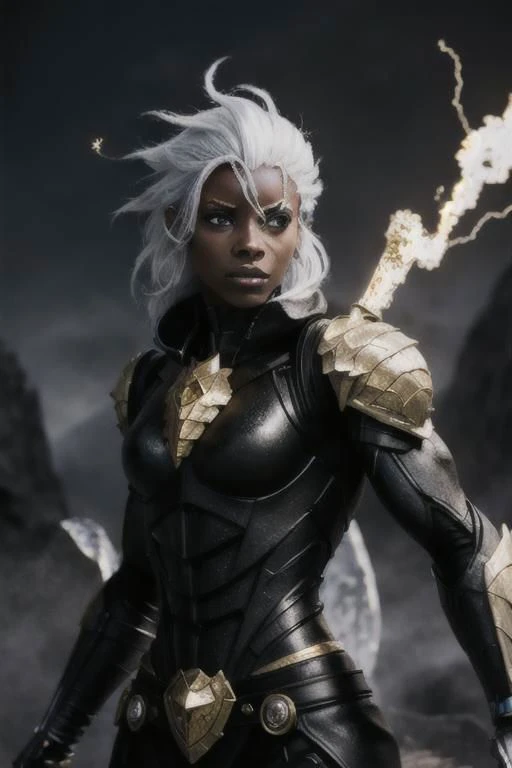 black humanoid made of rock, upper body, barechested, female, ((masterpiece, best quality)), cracked skin, white electricity coming through cracks, muscular female, (dragonborn:0.6), white hair outdoors, detailed background ,dragonborn, AnimeRage, Cracked Skin , depth of field