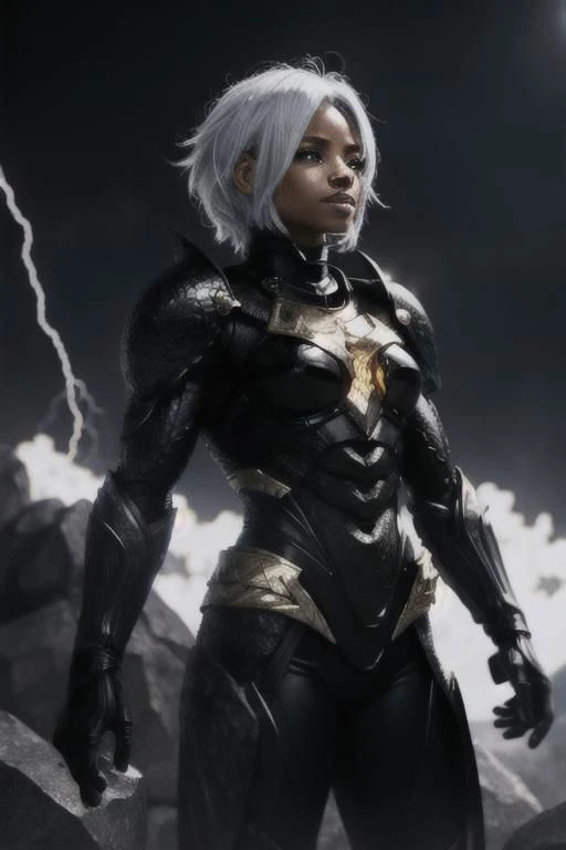 black humanoid made of rock, upper body, barechested, female, ((masterpiece, best quality)), cracked skin, white electricity coming through cracks, muscular female, (dragonborn:0.6), white hair outdoors, detailed background ,dragonborn, AnimeRage, Cracked Skin , depth of field