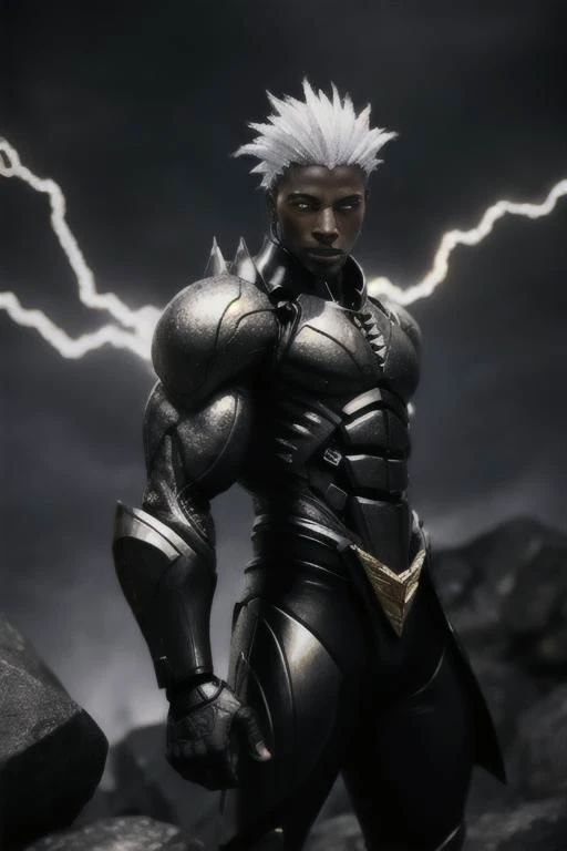 black humanoid made of rock, upper body, barechested, male, ((masterpiece, best quality)), cracked skin, white electricity coming through cracks, muscular male, (dragonborn:0.6), white hair outdoors, detailed background, depth of field