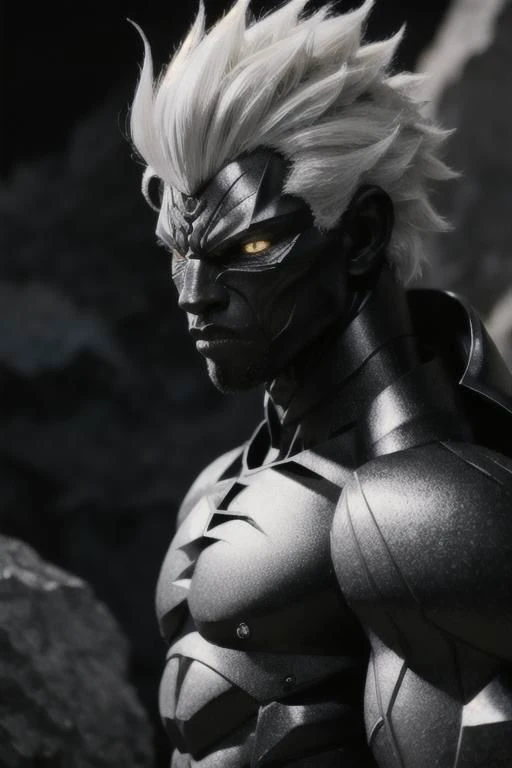 black humanoid made of rock, upper body, barechested, male, ((masterpiece, best quality)), cracked skin, white electricity coming through cracks, muscular male, (dragonborn:0.6), white hair outdoors, detailed background ,dragonborn, AnimeRage, Cracked Skin , depth of field