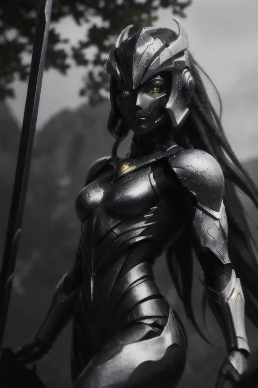black humanoid made of rock, upper body, barechested, female, ((masterpiece, best quality)), <lora:more_details:0.3>, cracked skin, white electricity coming through cracks, muscular female, (dragonborn:0.6), white hair outdoors, detailed background <lora:dragonborn_offset:0.6> <lora:r1ge - AnimeRage:1> <lora:Cracked Skin:1.2> , depth of field