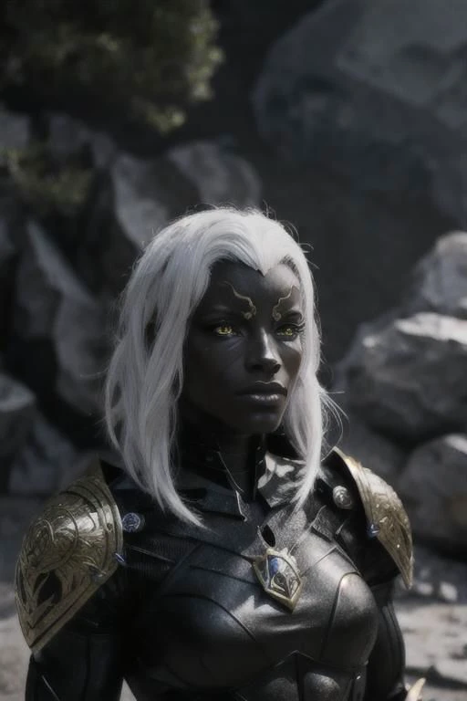 black humanoid made of rock, upper body, barechested, female, ((masterpiece, best quality)), cracked skin, white electricity coming through cracks, muscular female, (dragonborn:0.6), white hair outdoors, detailed background ,dragonborn, AnimeRage, Cracked Skin , depth of field