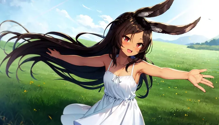 <lora:i-26_v1.0:0.8>,i19_\(azur_lane\), rabbit_ears, brown_hair, red eyes,dark-skinned_female, dark_skin,white camisole,white dress, field, standing,wide shot,s;d,A girl with long hair in the wind,spread arms, from above,, masterpiece, best quality, high contrast,