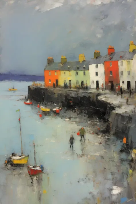 <lora:William McTaggart Style:1>William McTaggart Style - Joan eardley style painting of Tobermory seafront on a stormy day in dramatic light