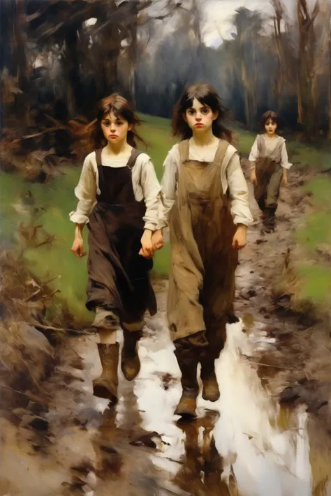 <lora:William McTaggart Style:1>William McTaggart Style - Expressive, John Singer Sargent style. A 4 foot tall, dark-brown-haired girl wearing a dirty pinafore and muddy boots walking away, accompanied by a taller farmboy wearing dirty farm pants and rolled up long sleeves walking while pointing up looking worried. Setting: Dark forest.