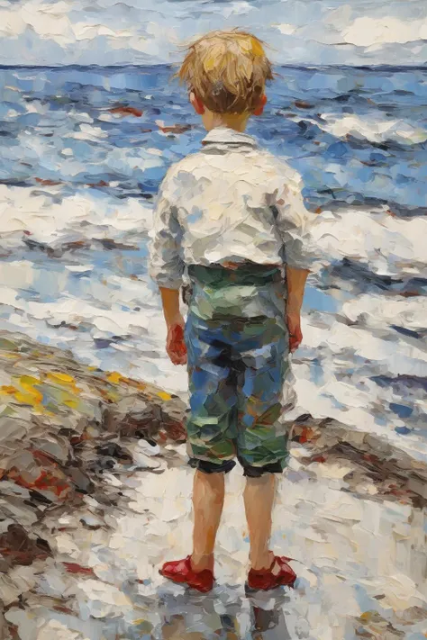 <lora:William McTaggart Style:1>William McTaggart Style - Over the shoulder view of child standing, looking out to the sea, in the style of Jack Butler Yeats, Jessie Wilcox-Smith, impasto brush strokes are loose and expressive