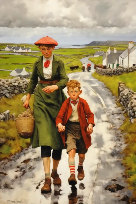 <lora:William McTaggart Style:1>William McTaggart Style - A painting of The Wild Atlantic Way County Mayo Ireland in the style of Norman Rockwell